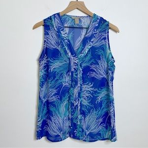 Banana Republic Blue Leaf Tropical Sheer Sleeveless Vneck Blouse Top